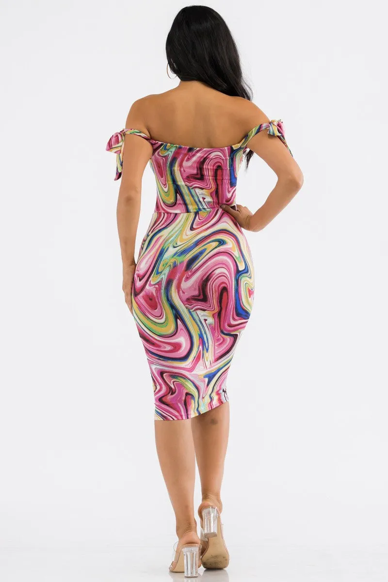 HH705R-SWIRL - OFF THE SHOULDER TIE DRESS