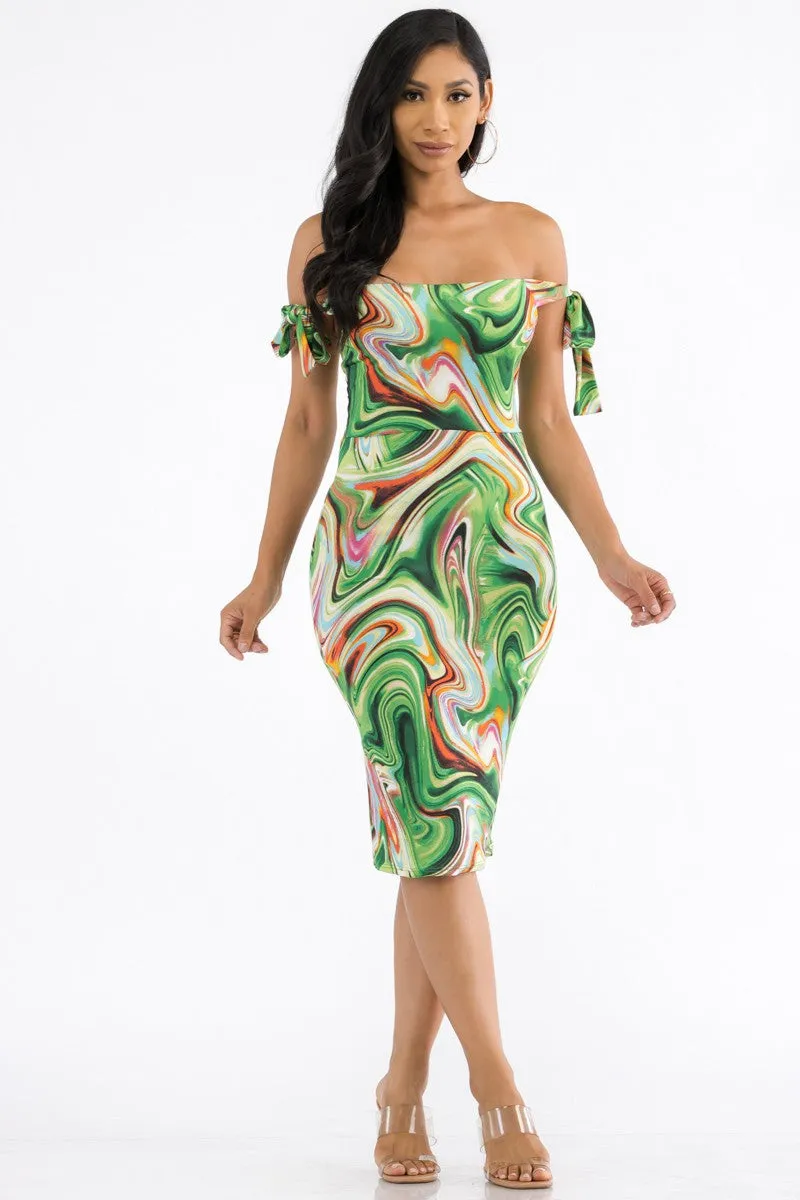 HH705R-SWIRL - OFF THE SHOULDER TIE DRESS