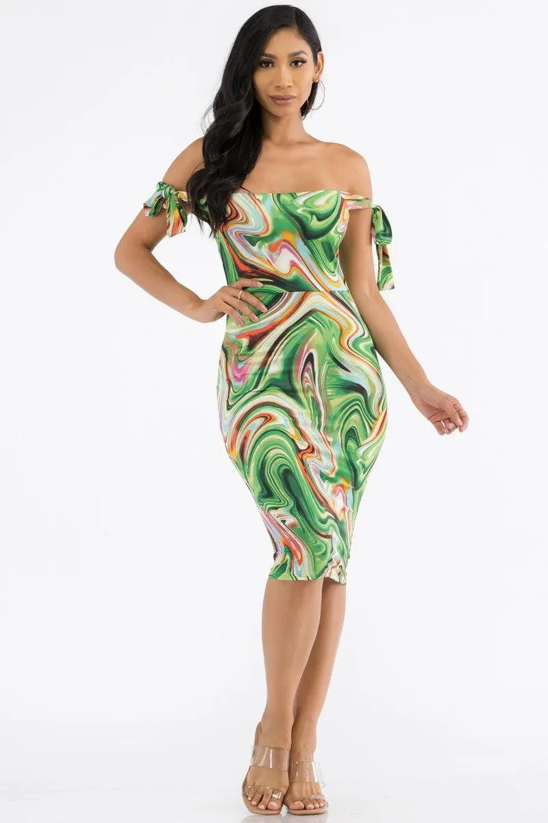 HH705R-SWIRL - OFF THE SHOULDER TIE DRESS