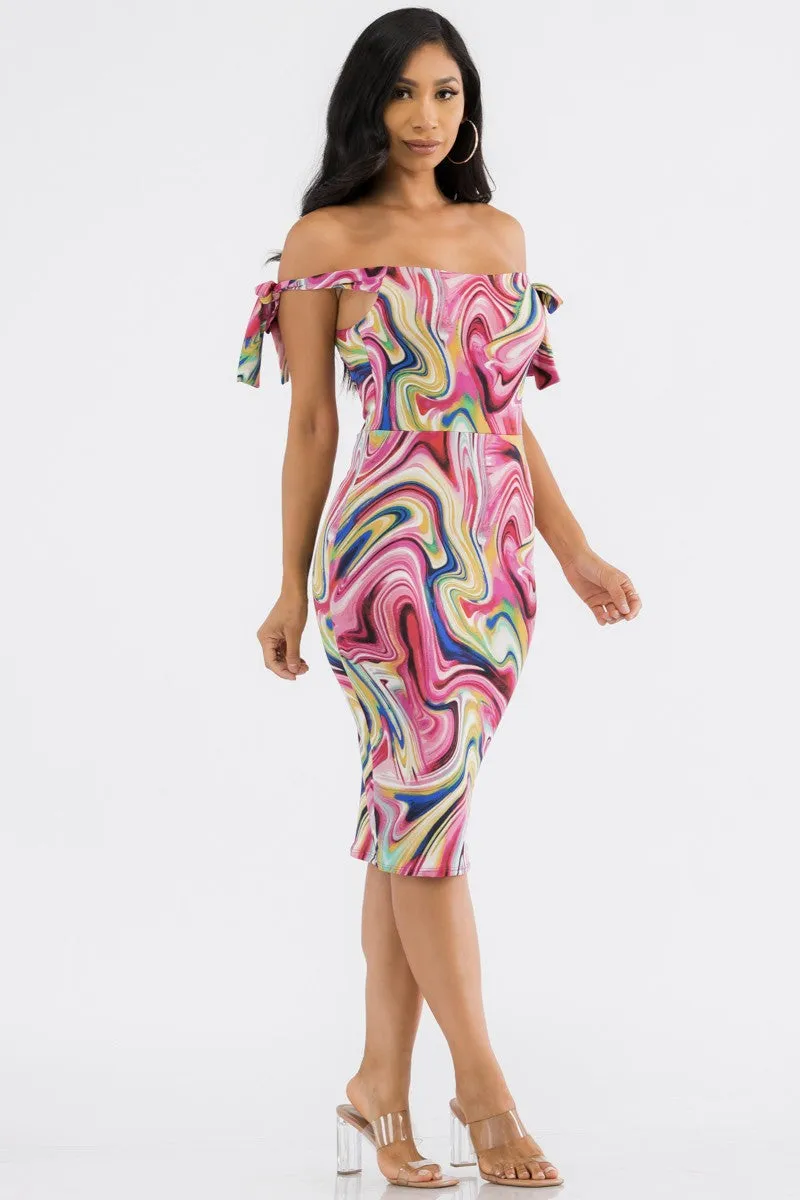 HH705R-SWIRL - OFF THE SHOULDER TIE DRESS