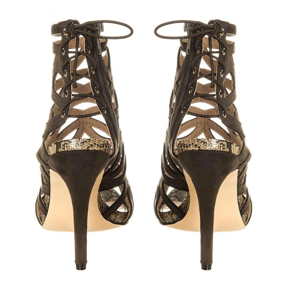 High Stiletto Heel Open Toe Strappy Tie Back Shoe