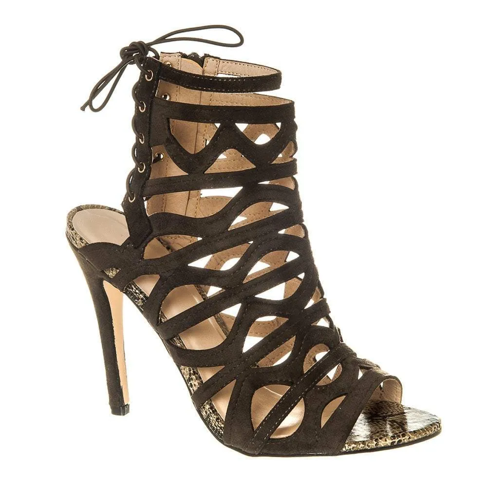 High Stiletto Heel Open Toe Strappy Tie Back Shoe