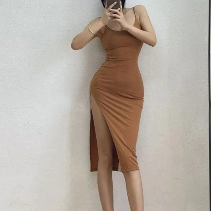 Hnzxzm 2024 New Sexy Sleeveless Slim Long Dress Women Party Club High Split Spaghetti Strap Dresses Woman Bodycon Dress Female