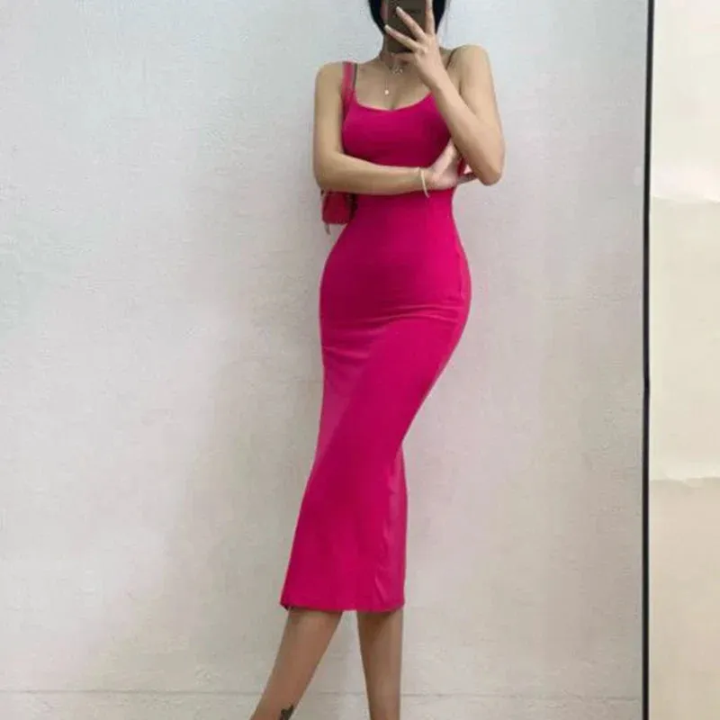Hnzxzm 2024 New Sexy Sleeveless Slim Long Dress Women Party Club High Split Spaghetti Strap Dresses Woman Bodycon Dress Female
