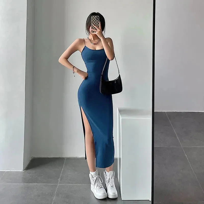 Hnzxzm 2024 New Sexy Sleeveless Slim Long Dress Women Party Club High Split Spaghetti Strap Dresses Woman Bodycon Dress Female