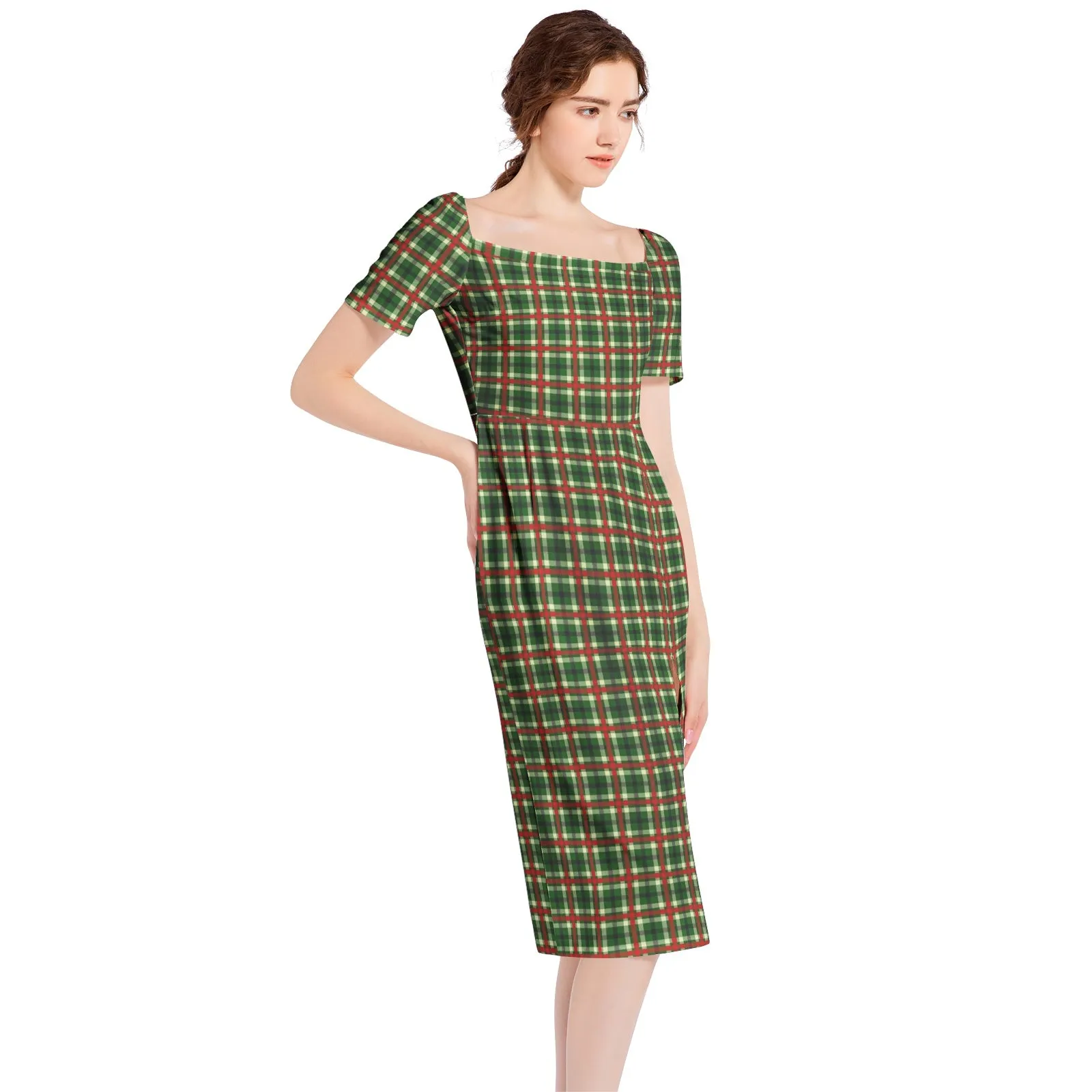 Holiday Cheer Plaid Split Thigh Midi Bodycon Dress