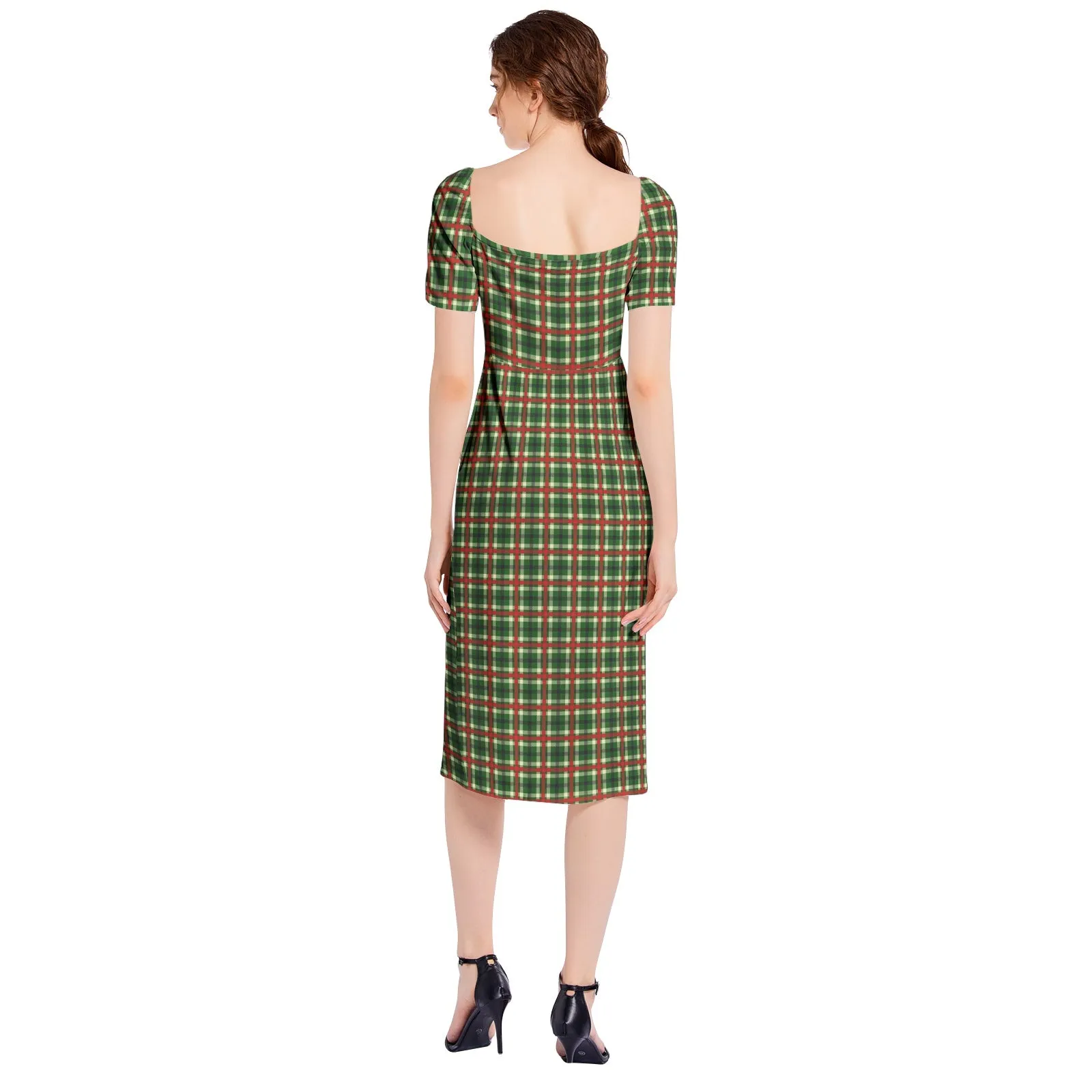 Holiday Cheer Plaid Split Thigh Midi Bodycon Dress