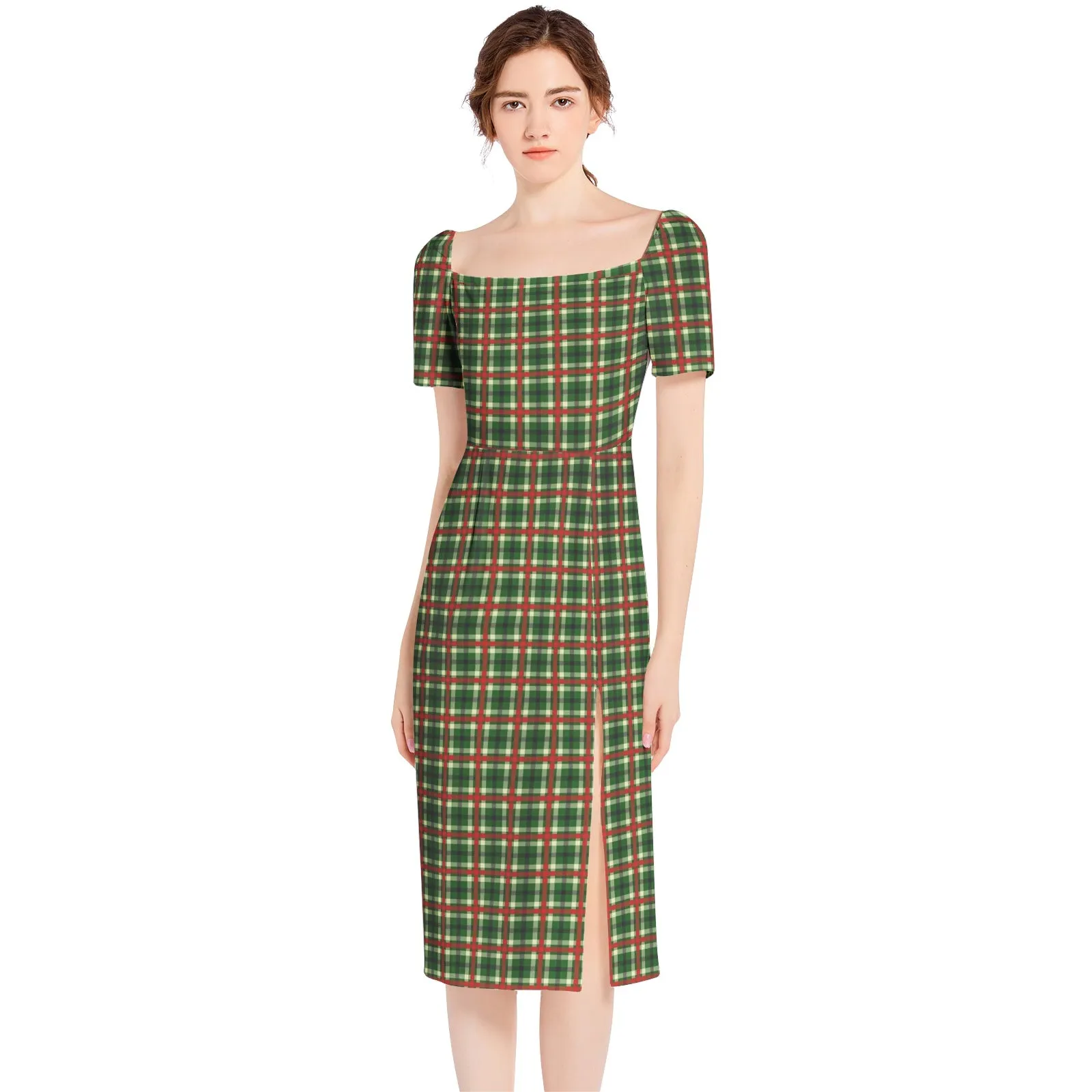 Holiday Cheer Plaid Split Thigh Midi Bodycon Dress