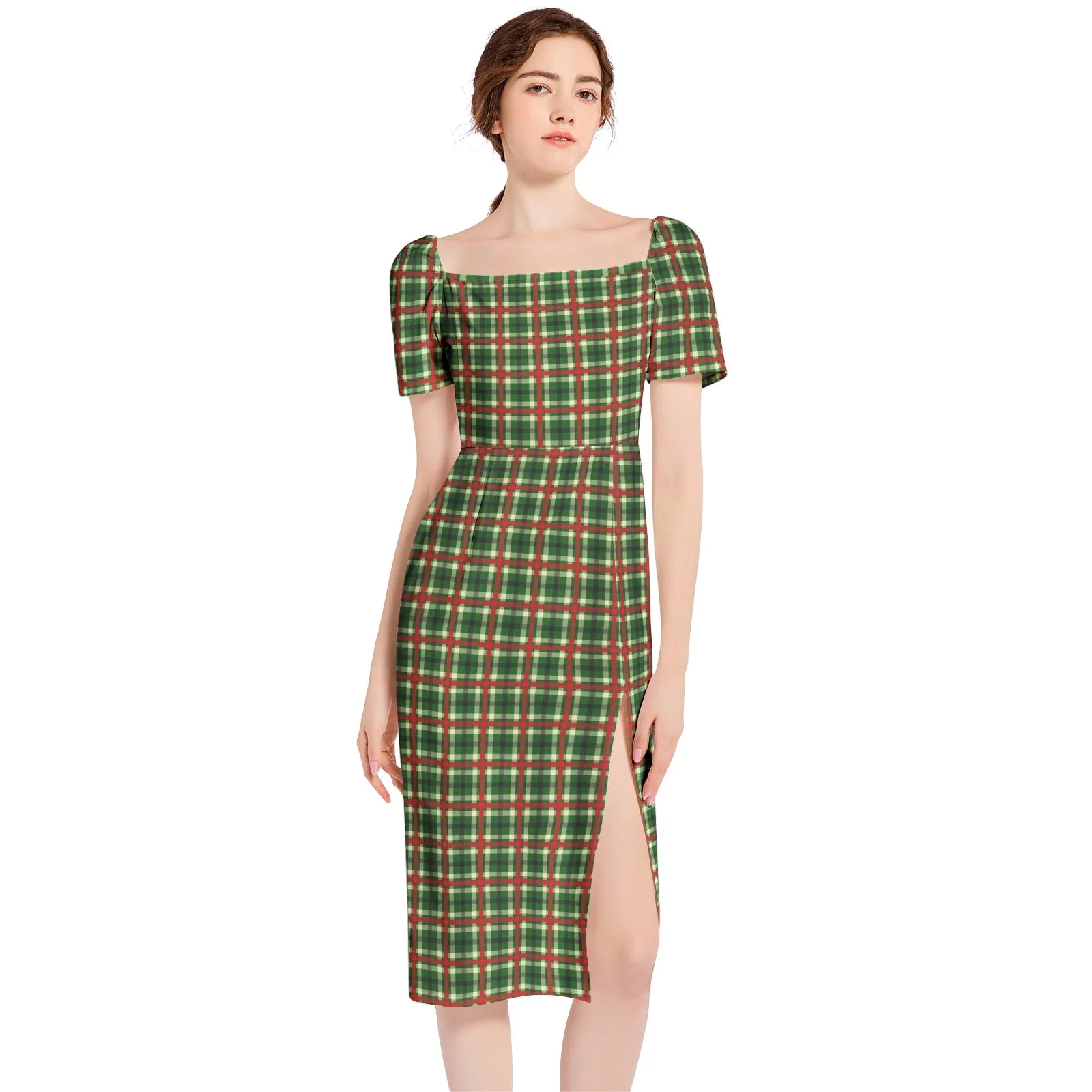 Holiday Cheer Plaid Split Thigh Midi Bodycon Dress