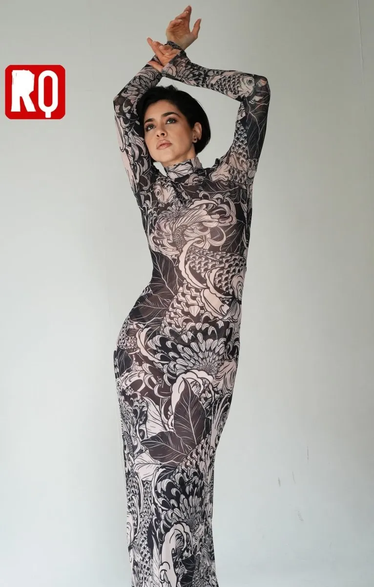 Japanese bodycon sheer mesh dress, revealing see through dress