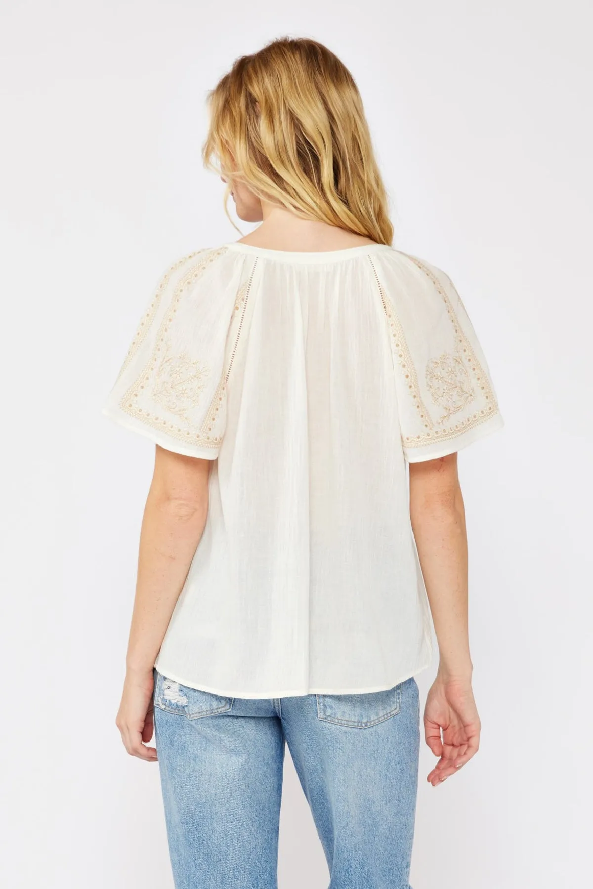 Jolene Short Sleeve Embroidered Floral Top Taupe
