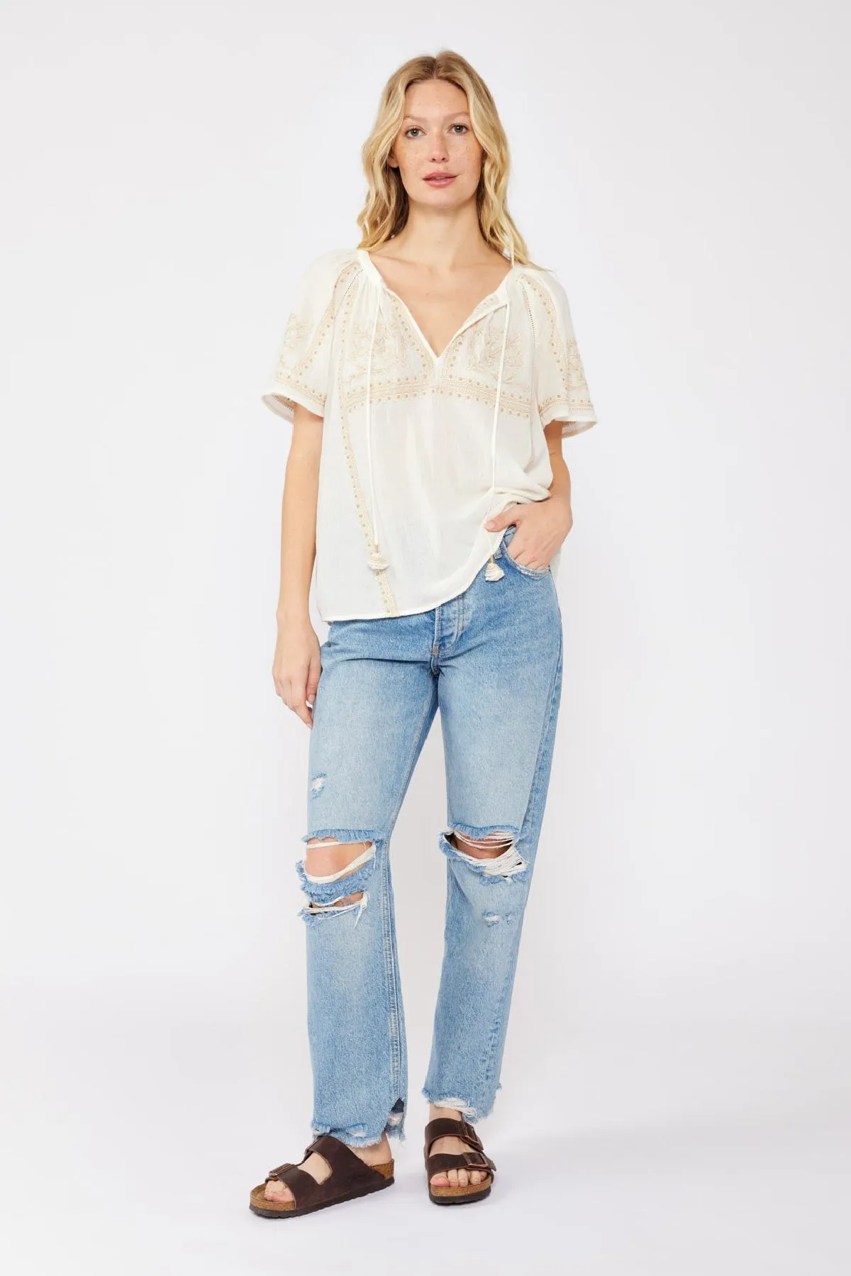 Jolene Short Sleeve Embroidered Floral Top Taupe