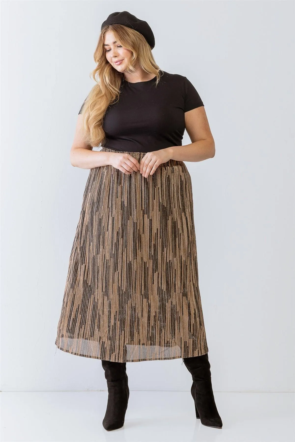 Junior Plus Black & Gold Shiny String Elasticized High Waist Midi Skirt /2-2-1