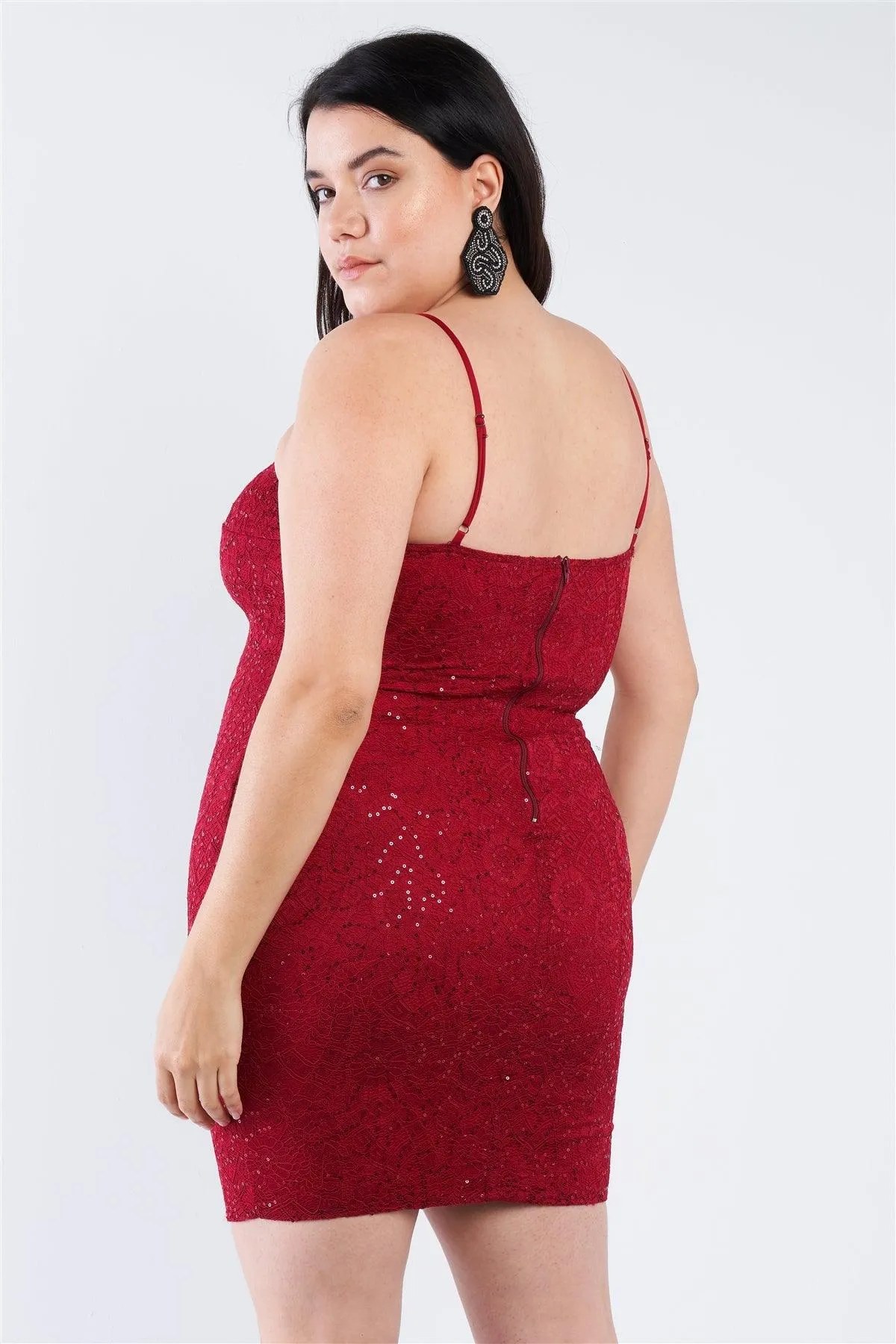 Junior Plus Size Burgundy Floral Lace Sequin Embellished Mini Dress /2-1-1