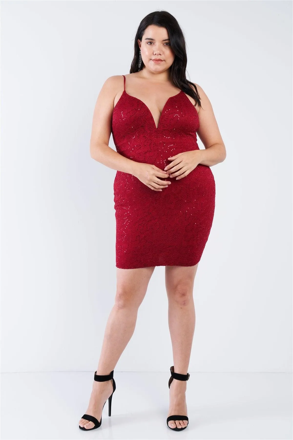 Junior Plus Size Burgundy Floral Lace Sequin Embellished Mini Dress /2-1-1
