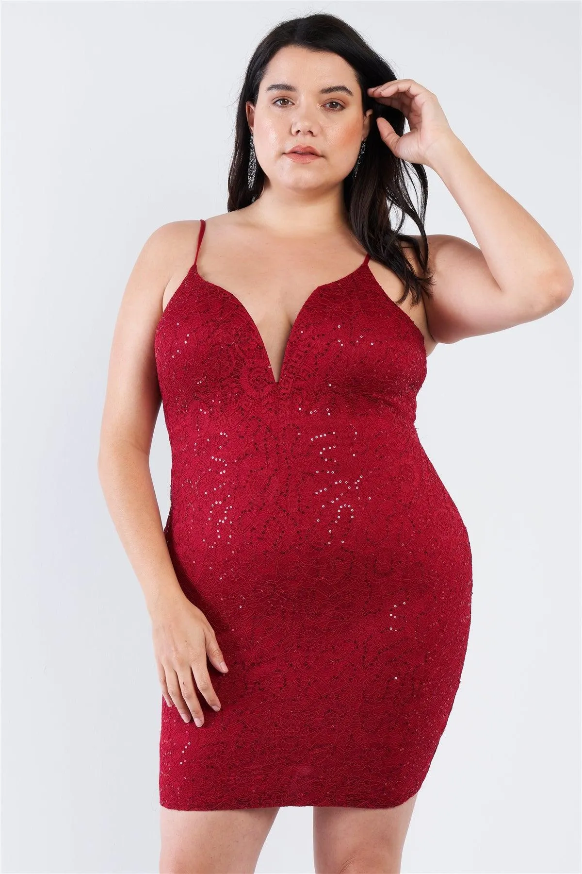 Junior Plus Size Burgundy Floral Lace Sequin Embellished Mini Dress /2-1-1