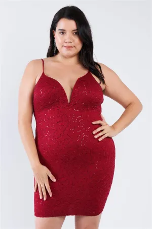 Junior Plus Size Burgundy Floral Lace Sequin Embellished Mini Dress /2-1-1