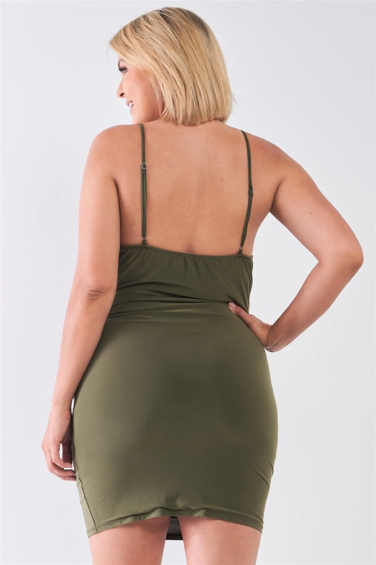 Junior Plus Size Olive Spaghetti Strap Silky Cowl Neck Bodycon Cami Mini Dress /2-2-2