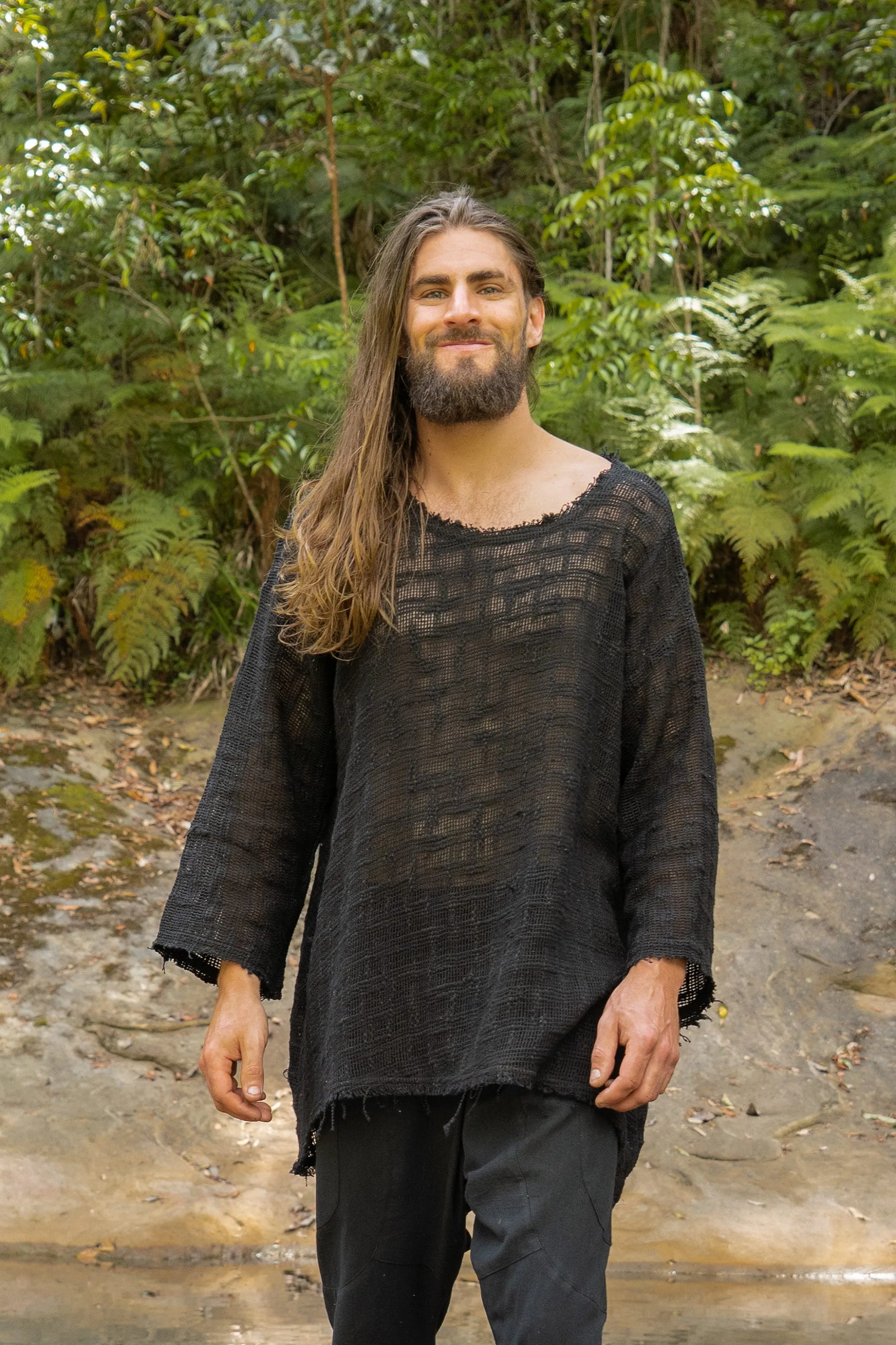 KUNTU Shirt Black Netted Top Cotton Semi See-through Asymmetric Rugged Dystopian Apocalyptic Festival Tribal Cyberpunk Steampunk AJJAYA