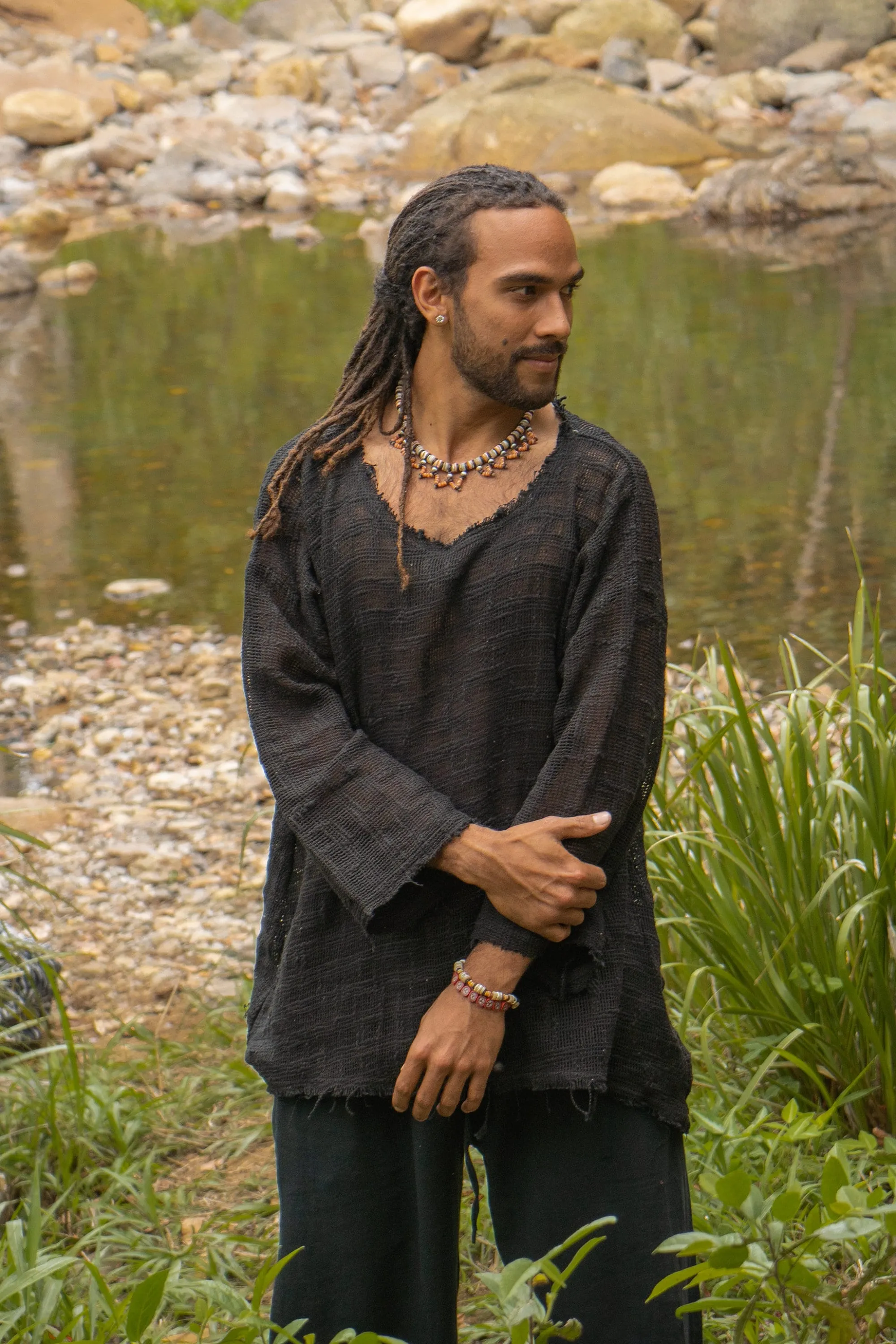 KUNTU Shirt Black Netted Top Cotton Semi See-through Asymmetric Rugged Dystopian Apocalyptic Festival Tribal Cyberpunk Steampunk AJJAYA