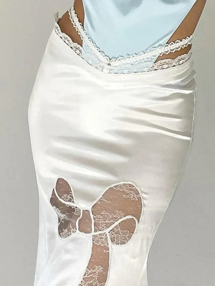 LANFUBEISI - Lace Trim Splice Slim Midi Skirt