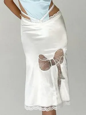 LANFUBEISI - Lace Trim Splice Slim Midi Skirt