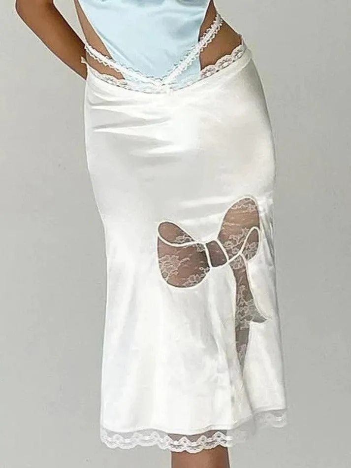 LANFUBEISI - Lace Trim Splice Slim Midi Skirt