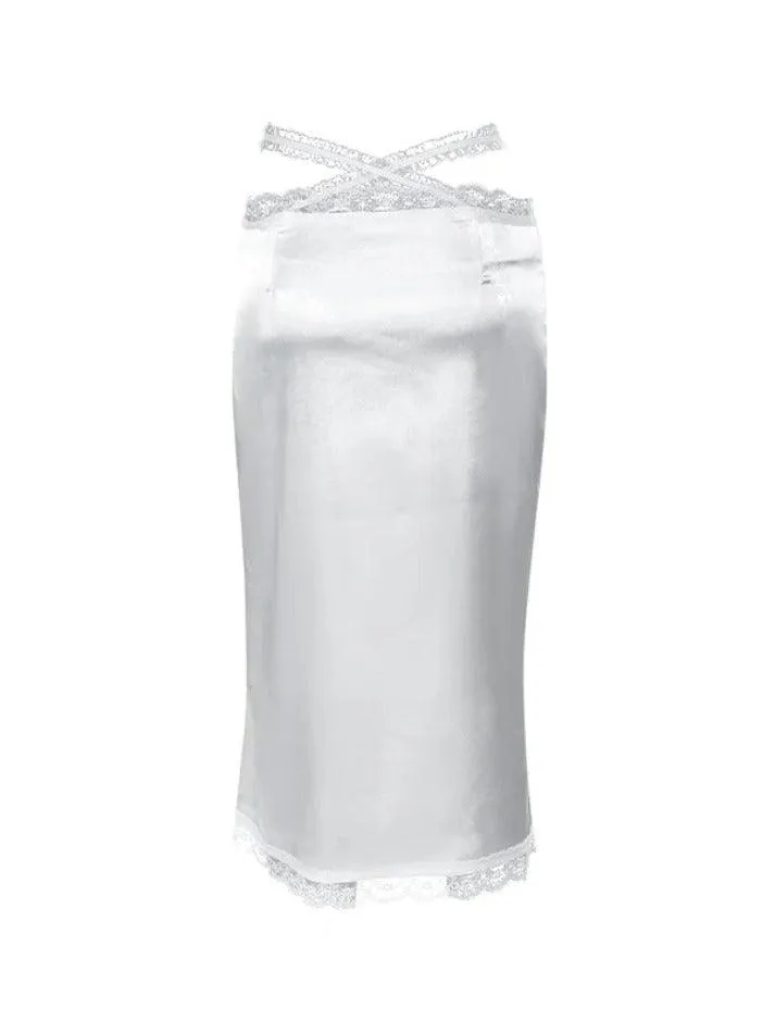 LANFUBEISI - Lace Trim Splice Slim Midi Skirt