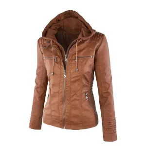 Leather Jacket with Hood and Zipper