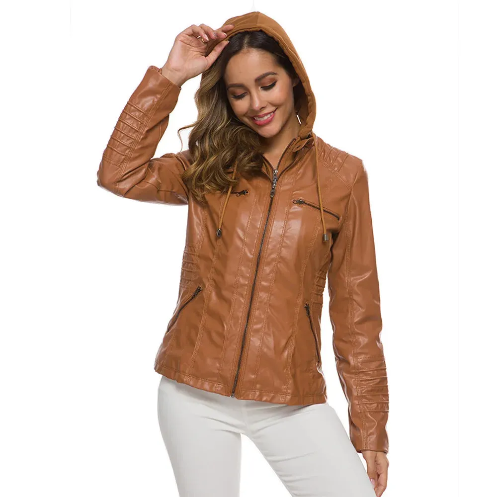 Leather Jacket with Hood and Zipper
