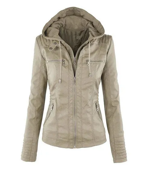 Leather Jacket with Hood and Zipper