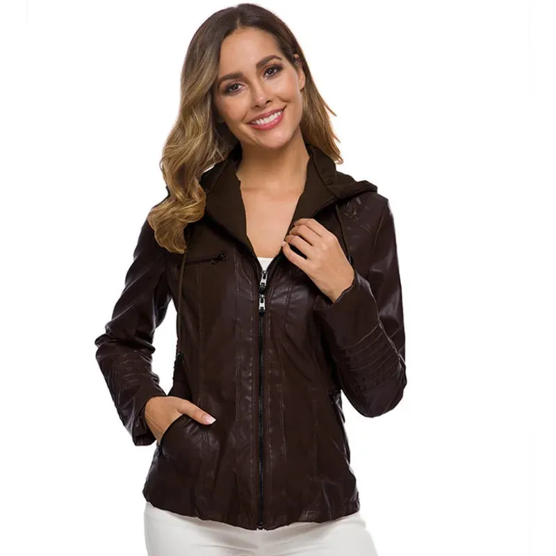 Leather Jacket with Hood and Zipper