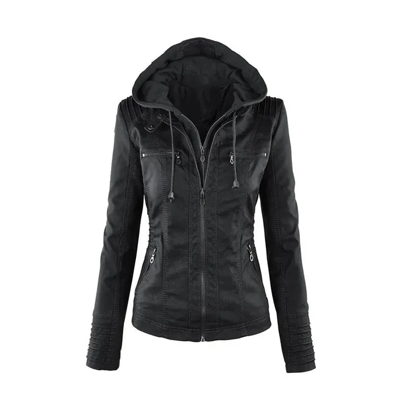 Leather Jacket with Hood and Zipper