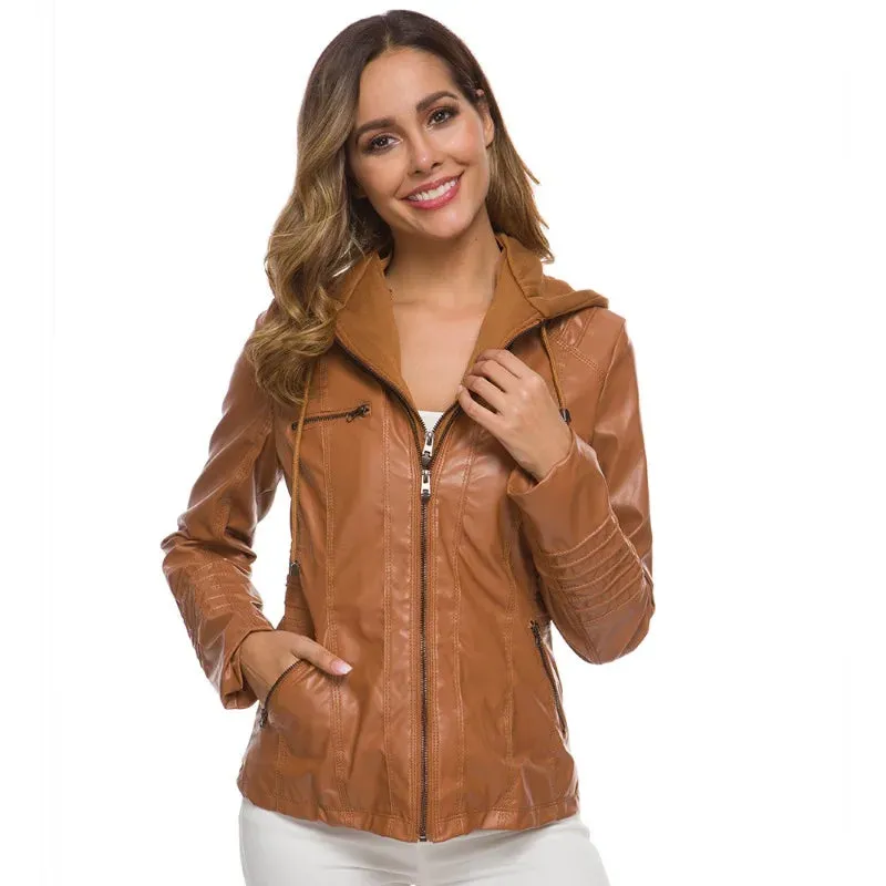 Leather Jacket with Hood and Zipper