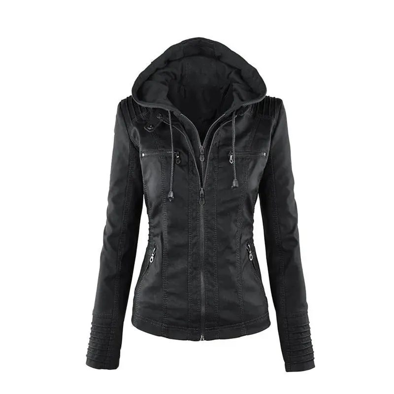 Leather Jacket with Hood and Zipper