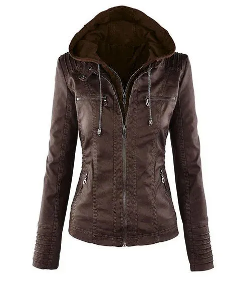 Leather Jacket with Hood and Zipper