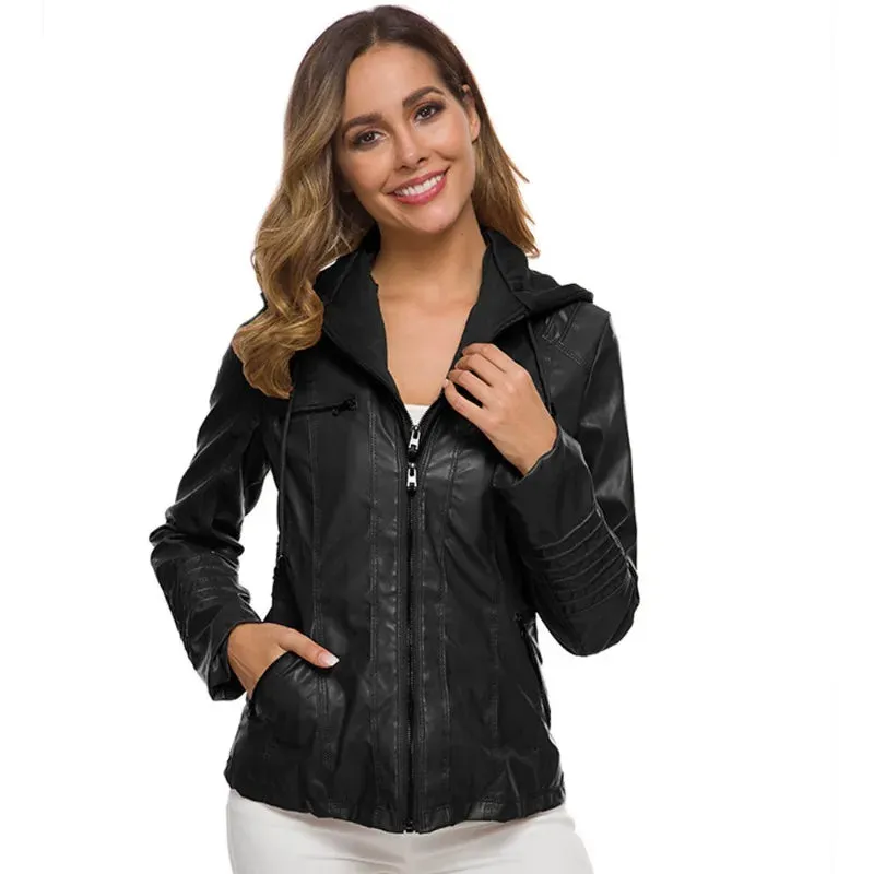 Leather Jacket with Hood and Zipper