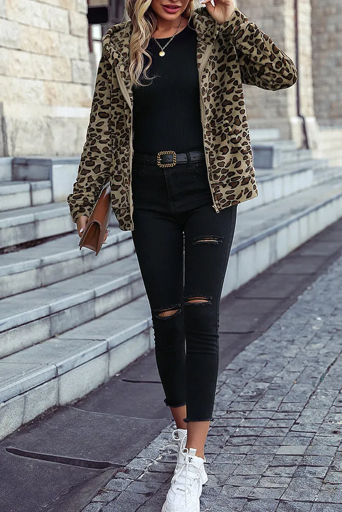 Leopard Open Zipper Pockets Fleece Coat