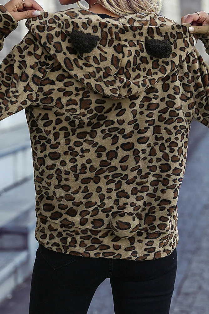 Leopard Open Zipper Pockets Fleece Coat