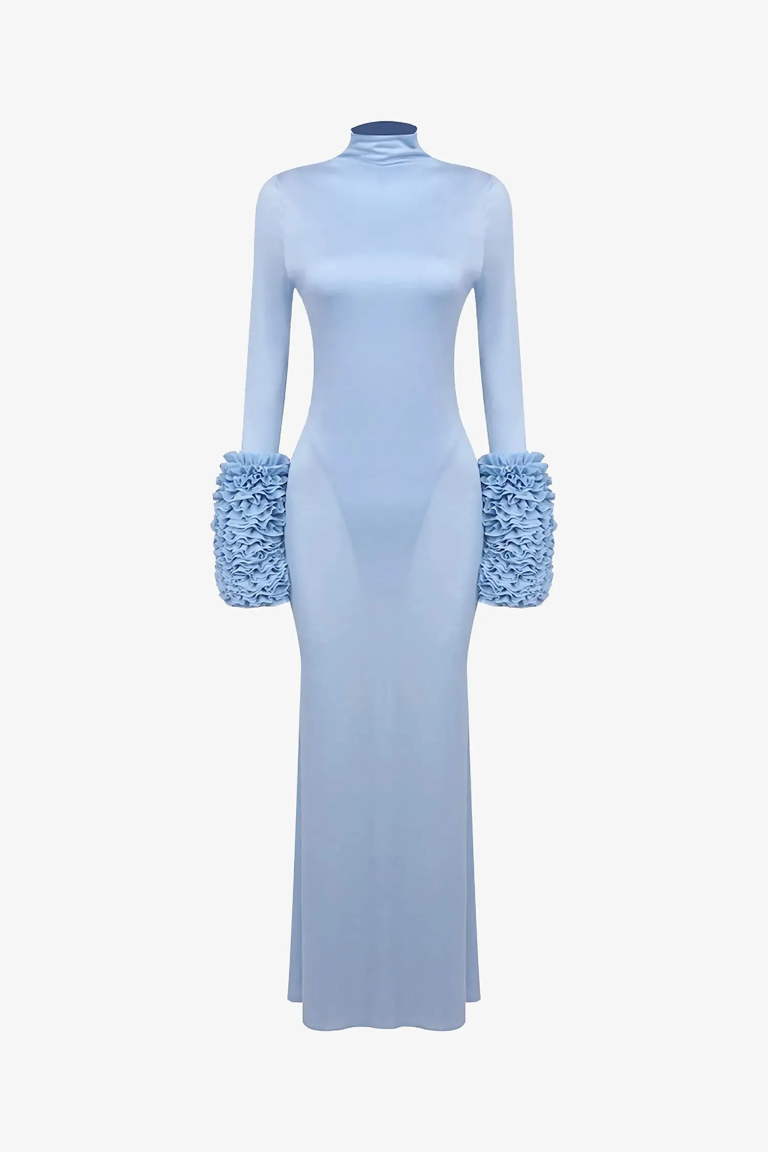 Light Blue Ruffled Sleeve High Neck Maxi Dress