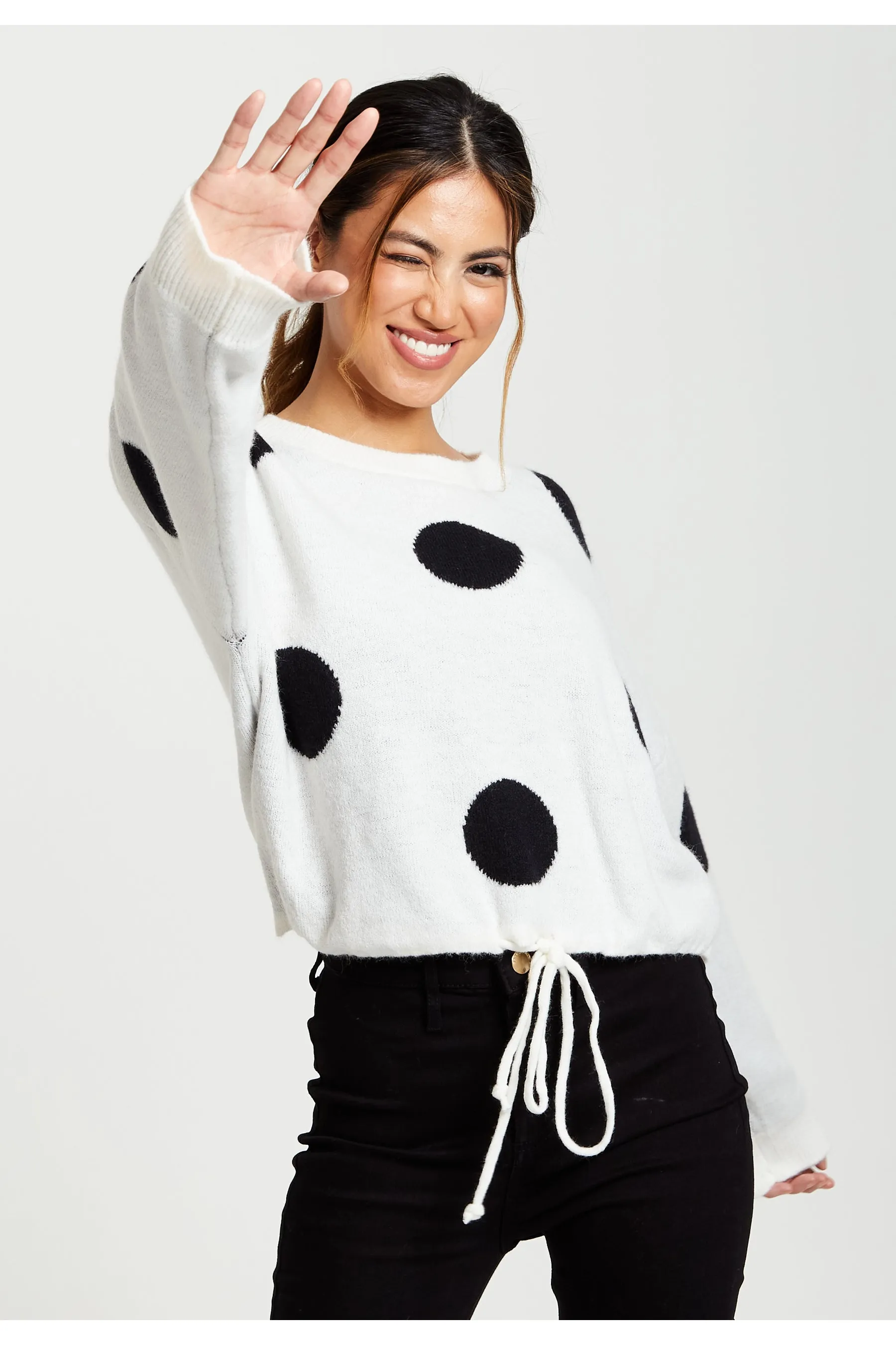 Liquorish Black Polka Dot Jumper In White