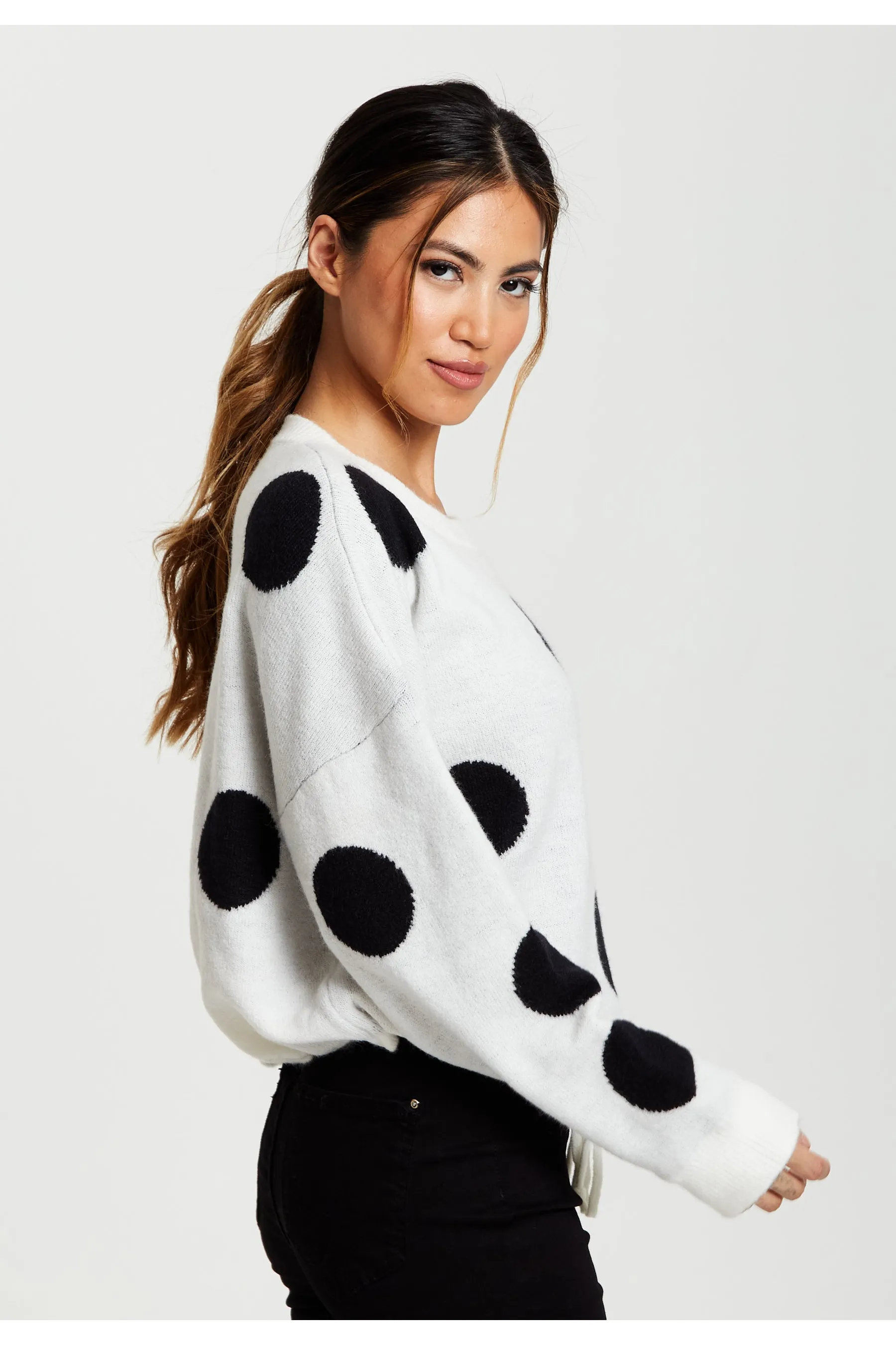Liquorish Black Polka Dot Jumper In White