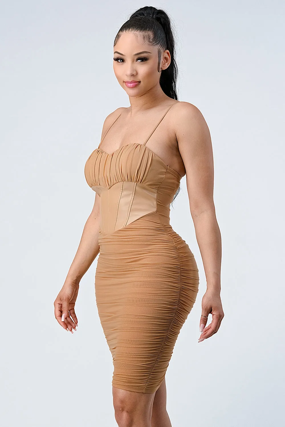 LUX MESH SWEETHEART PU CONTRAST BODYCON DRESS