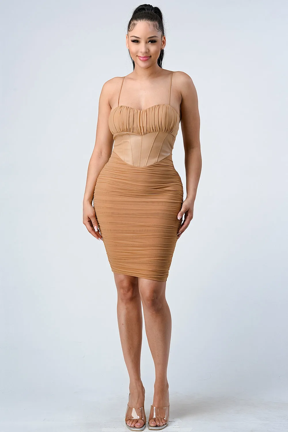 LUX MESH SWEETHEART PU CONTRAST BODYCON DRESS