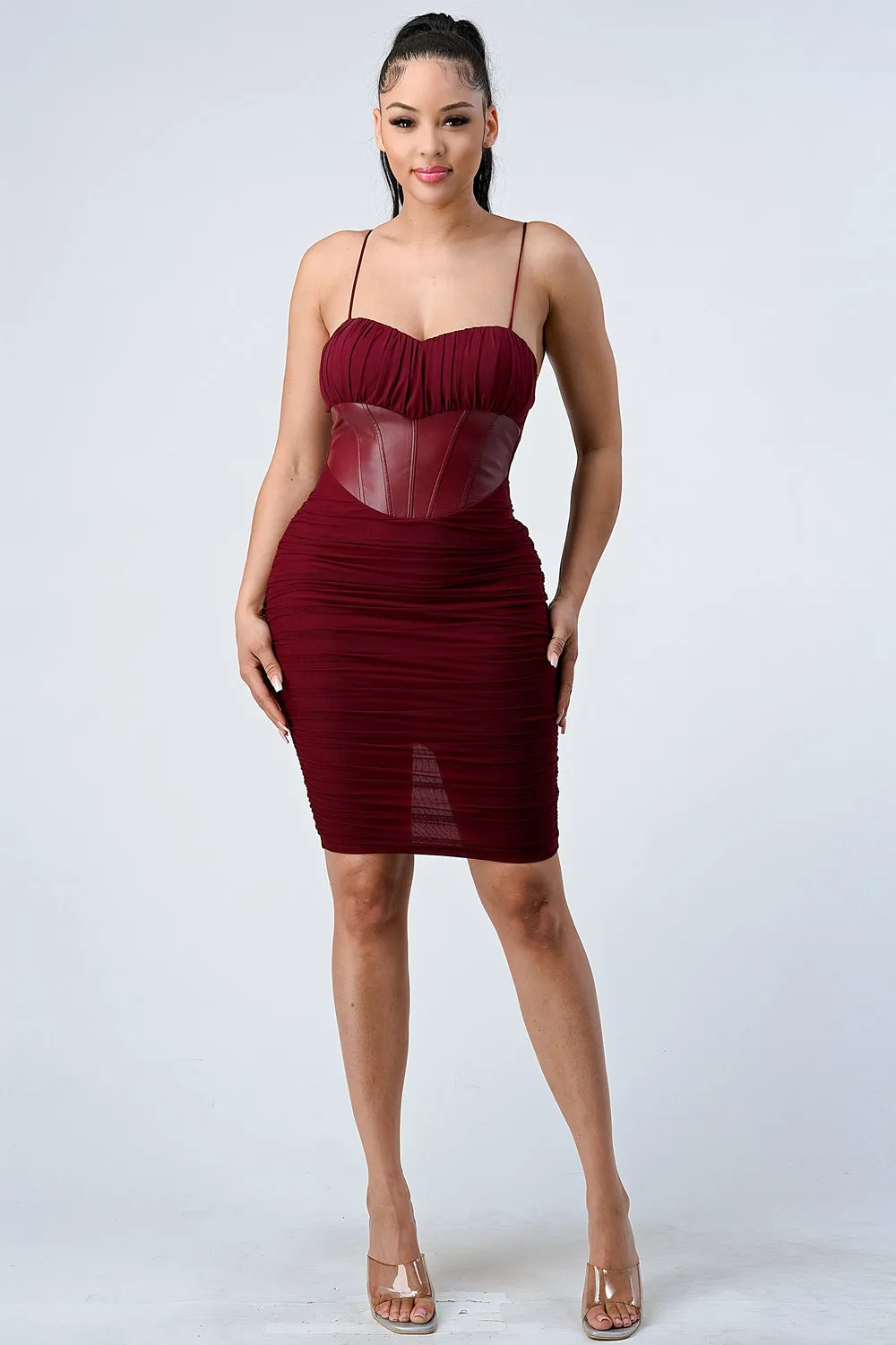 LUX MESH SWEETHEART PU CONTRAST BODYCON DRESS