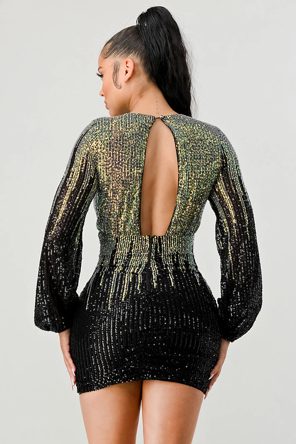 LUX OMBRE GLOW SEQUINS OPEN BACK BODYCON MINI DRESS
