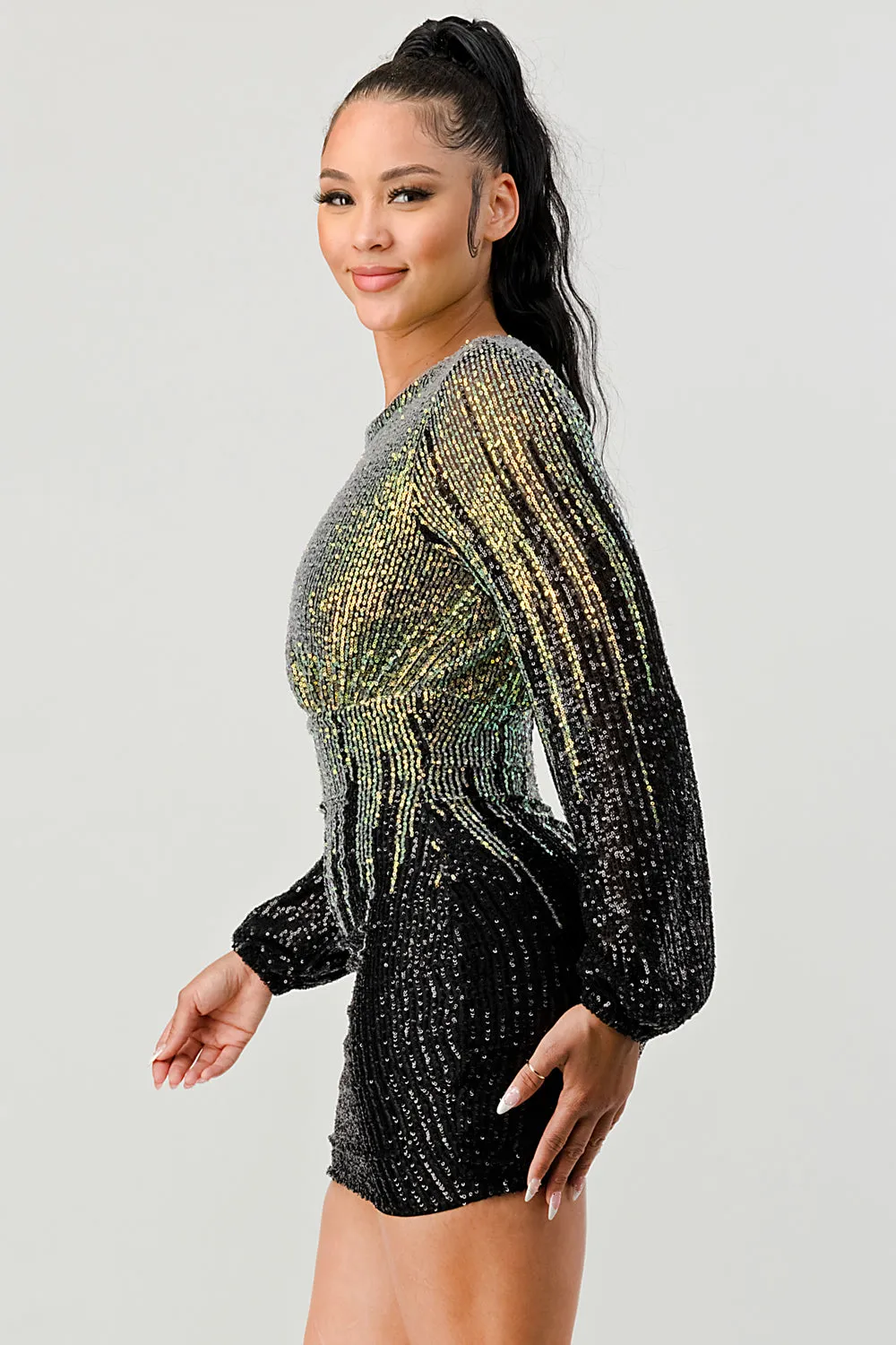 LUX OMBRE GLOW SEQUINS OPEN BACK BODYCON MINI DRESS