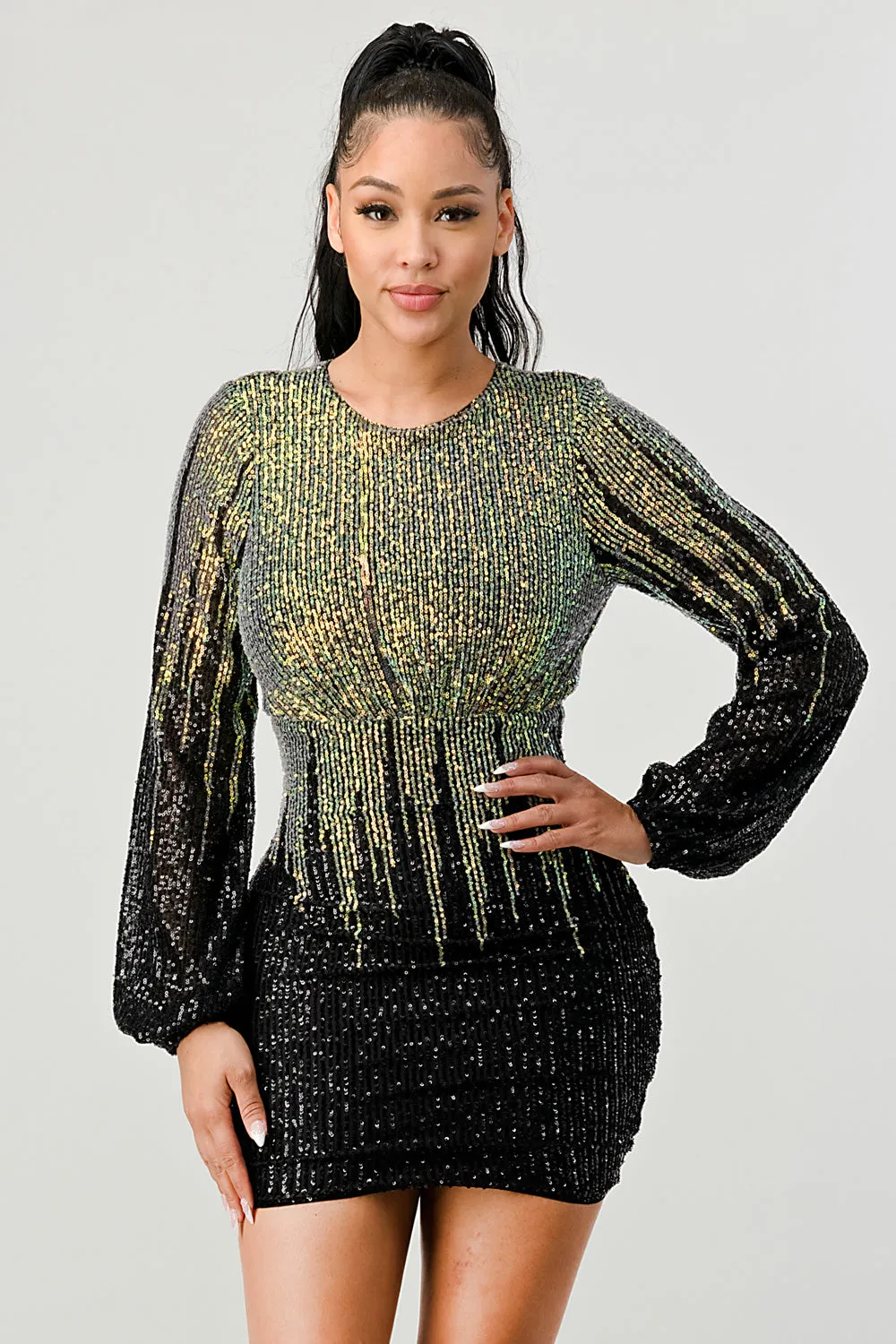 LUX OMBRE GLOW SEQUINS OPEN BACK BODYCON MINI DRESS