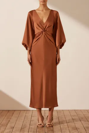 LUXE BALLOON SLEEVE KNOT FRONT MIDI DRESS - MOCHA