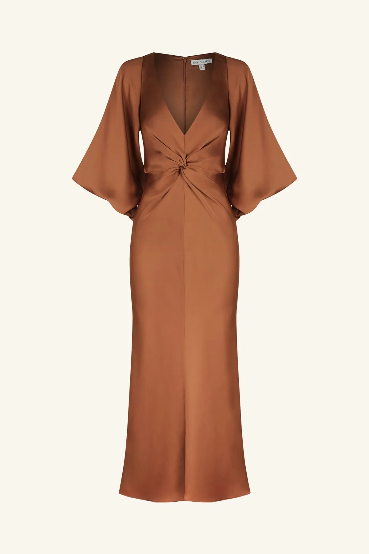LUXE BALLOON SLEEVE KNOT FRONT MIDI DRESS - MOCHA